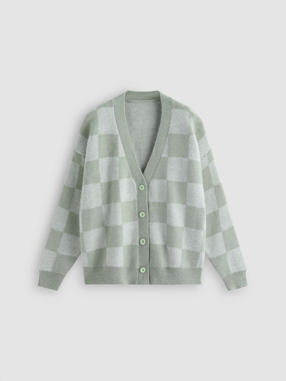Cider Checked V-Neck Button Cardigan Sweater - Sage Green